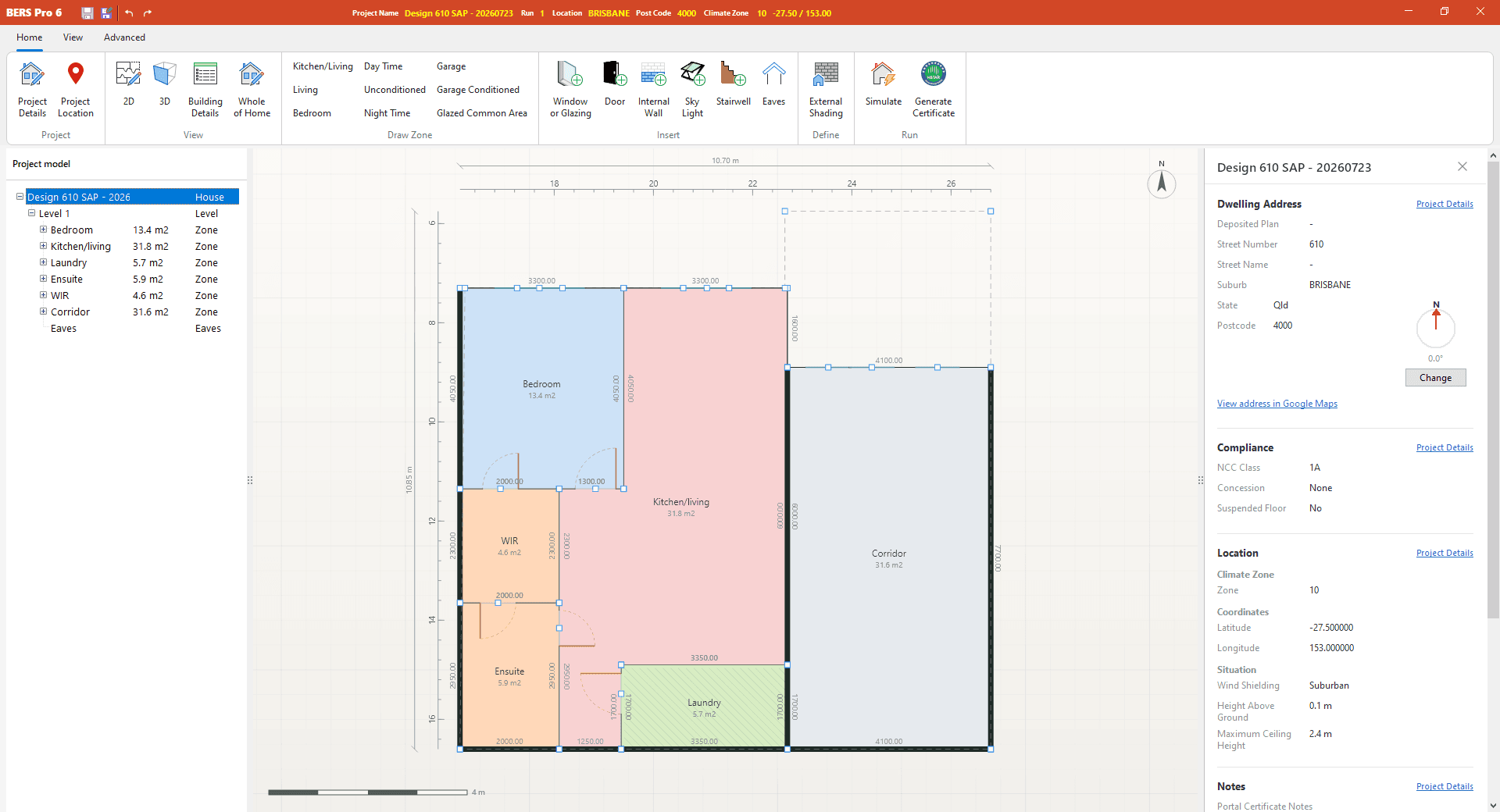 BERS Pro 6 2D plan editor with colour-coded zones for bedroom, kitchen/living, ensuite, laundry and corridor, plus dwelling address and climate zone details