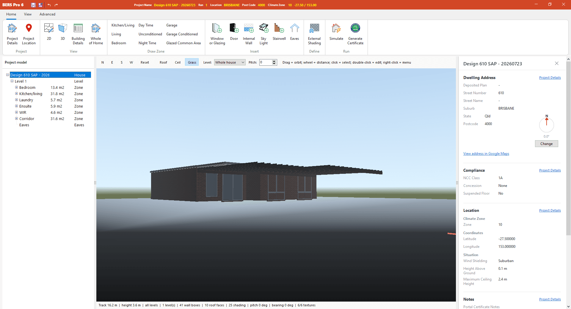 BERS Pro 6 3D view of the modelled house showing roof, walls and glazing