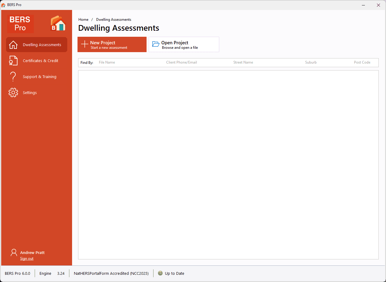 BERS Pro 6 launcher with Dwelling Assessments, Certificates & Credit, Support & Training and Settings in an orange sidebar