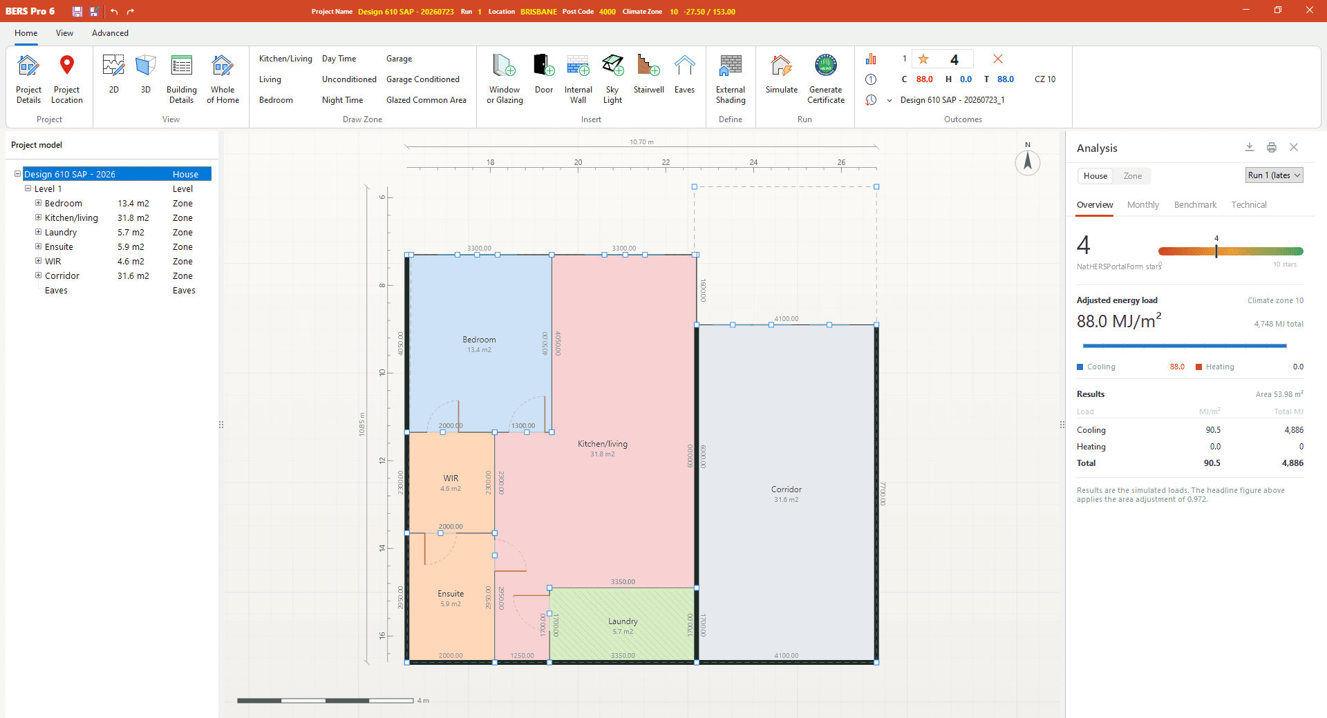 BERS Pro 6 analysis panel showing a 4 star NatHERS rating, adjusted energy load of 88.0 MJ/m² and cooling and heating loads